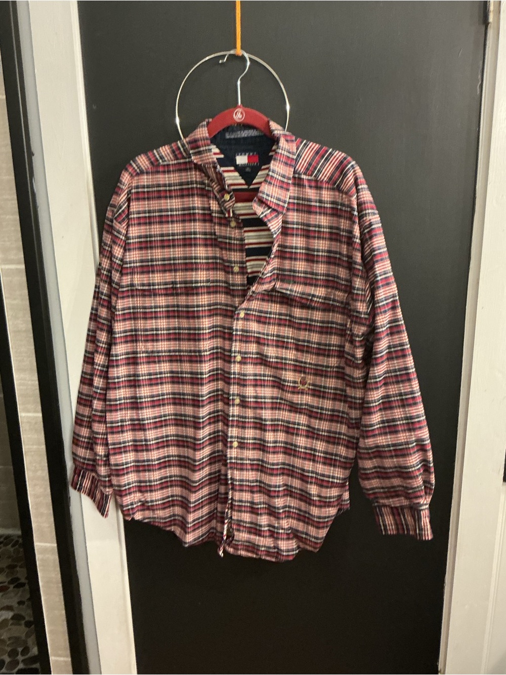 Tommy Hilfiger Men’s Red and Blue Plaid Button-Down Shirt